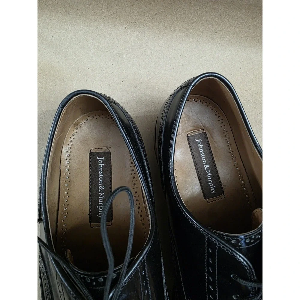 Johnston & Murphy (Sz 9 E/C) Leather Wingtip Oxford Black Dress Shoes Mens WIDE